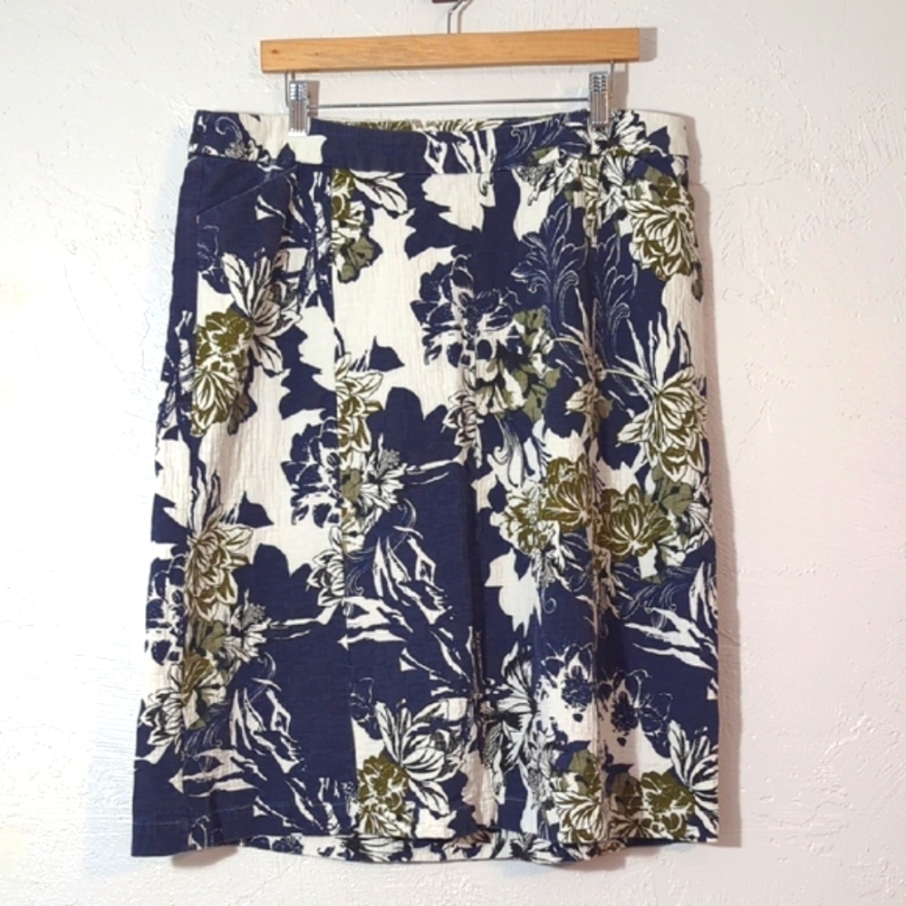 Neutral Earth Toned Floral Cotton Skirt Business Casual Comfy Office Teacher